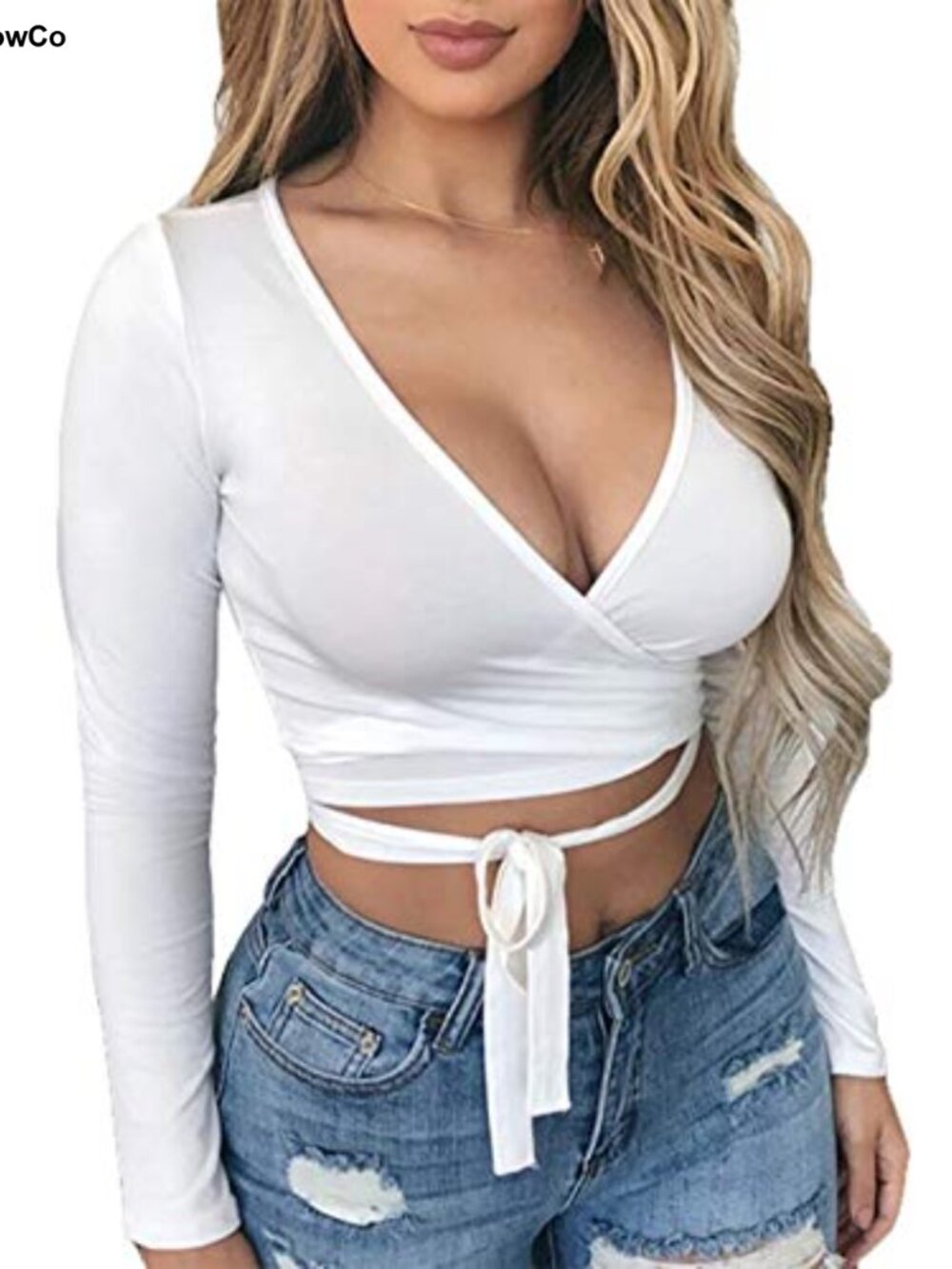 Women's Deep V Neck Crop Top Long Sleeve Tie Front Bandage Fitted Shirt